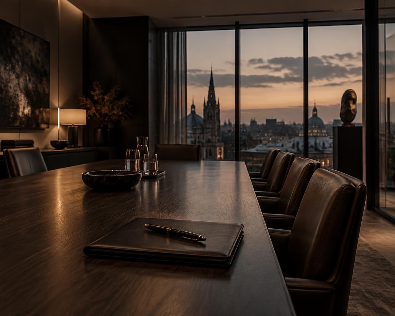 Quiet private executive meeting room at dusk
