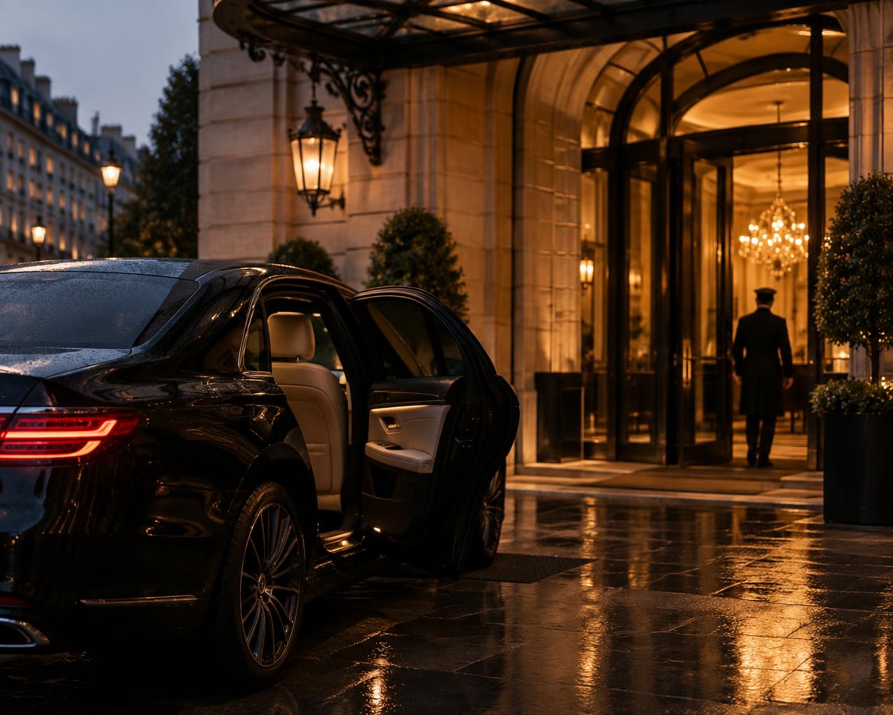 Black luxury car at a hotel entrance