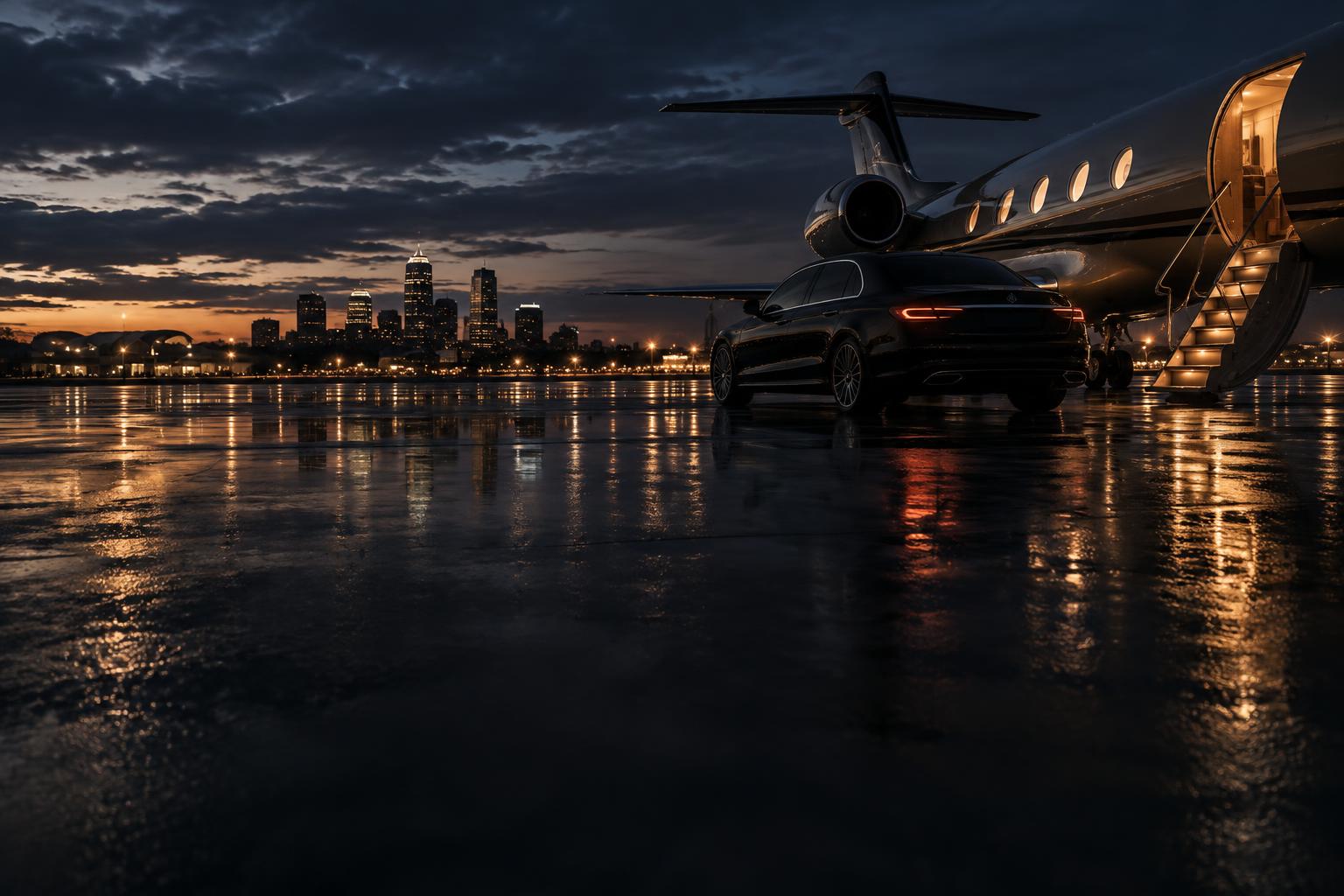 Private jet and black car overlooking a city at dusk